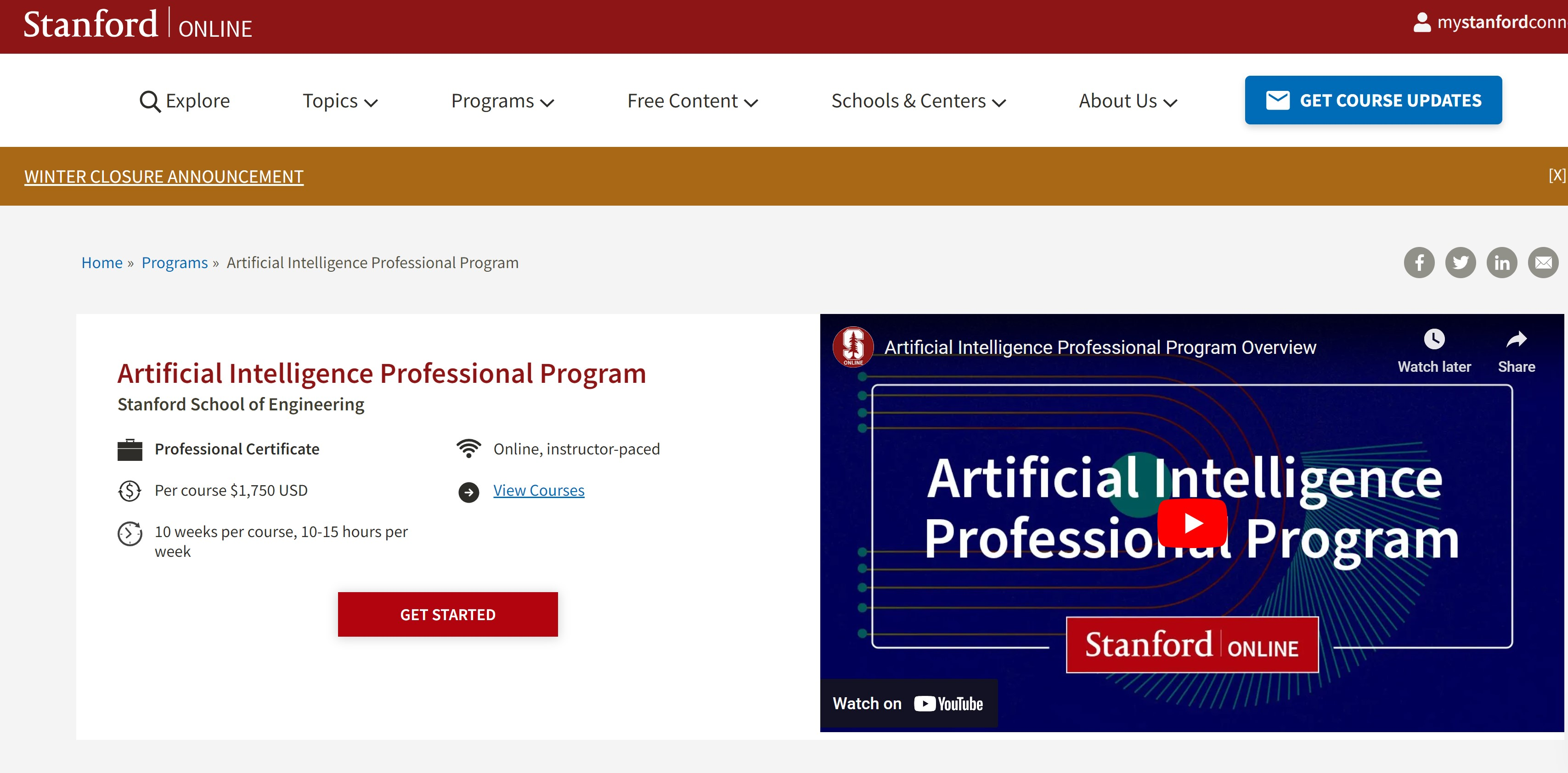 stanford online artificial intelligence certification - homepage screenshot